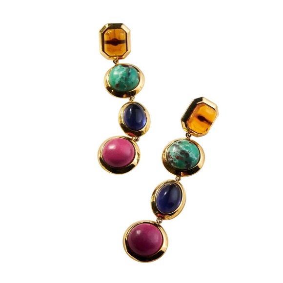 Lele Sadoughi Multi Gemstone Charm Necklace & Drop Earrings Set Gold Tone NEW - Picture 3 of 10